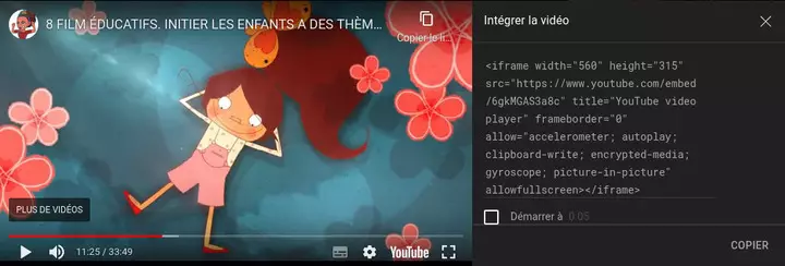 Code intégration player vidéo YouTube