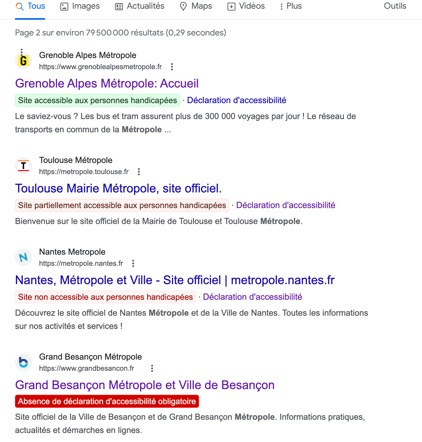 Démonstration de l’extension Ostendo : Grenoble Alpes Métropole est totalement accessible, Toulouse mairie métropole est partiellement accessible, Nantes métropole et ville est non accessible et Grand Besançon métropole n’a pas de déclaration d’accessibilité